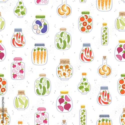 Preserved vegetables in jars seamless pattern