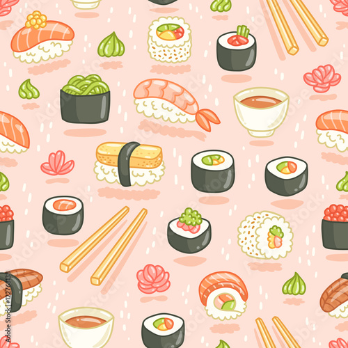 Sushi and rolls seamless pattern on pink background