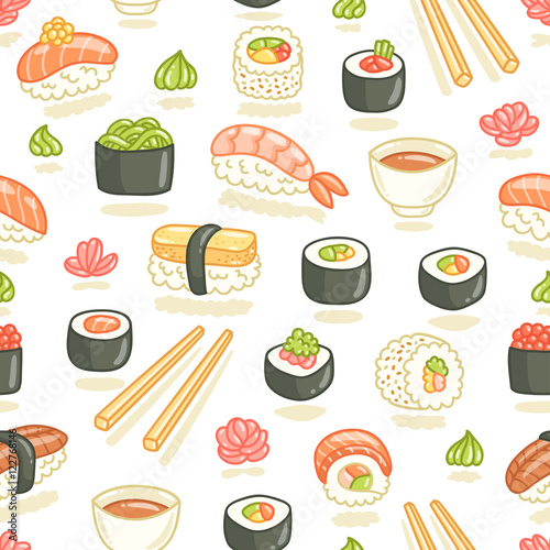 Sushi and rolls seamless pattern