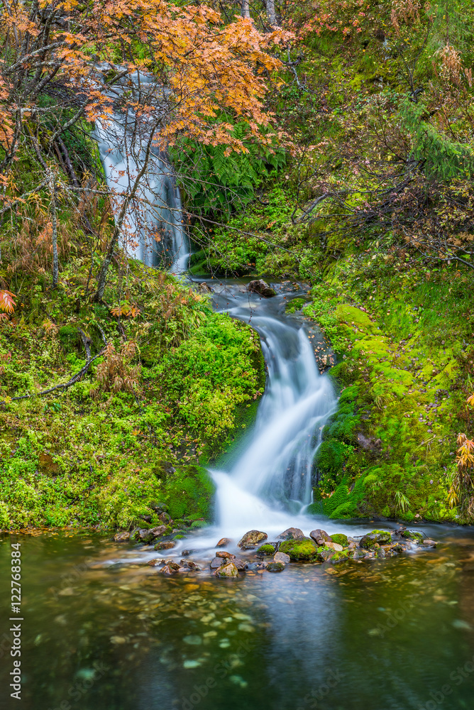 Wild waterfall in autumnal forest