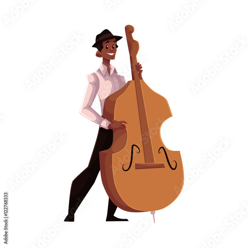 Young African American male contrabass player, cartoon vector illustration isolated on white background. Full height portrait of African man in white shirt and black hat playing double bass