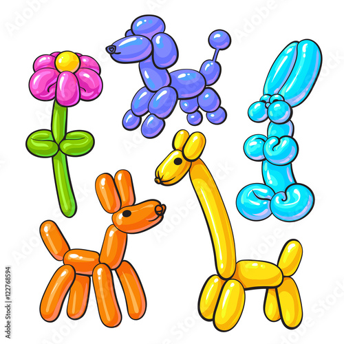 Set of balloon animals - dog, poodle, giraffe, flower and rabbit, cartoon vector illustrations isolated on white background. Colorful drawing of inflatable toys made of twisted balloons