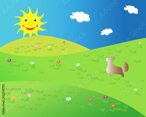 Vector silhouette of a dog with funny sun in nature landscape