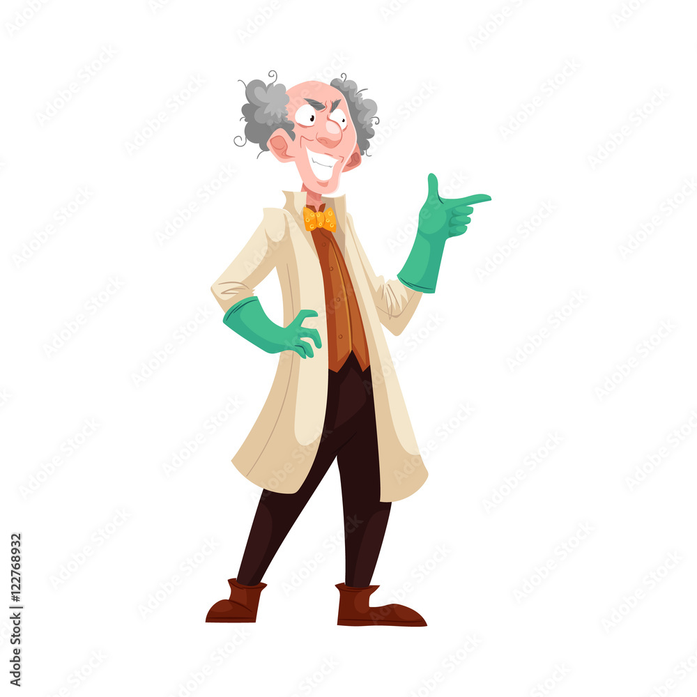Mad professor with grey bushy hair in lab coat and green rubber gloves, cartoon vector illustration isolated on white background. Crazy laughing white-haired scientist, stereotype of scientist Mad professor with grey bushy hair in lab coat and green rubber gloves, cartoon vector illustration isolated on white background. Crazy laughing white-haired scientist, stereotype of scientist