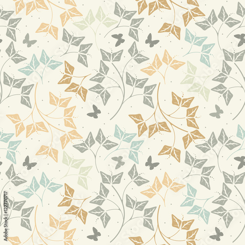 Seamless pattern with cute butterflies and leaves