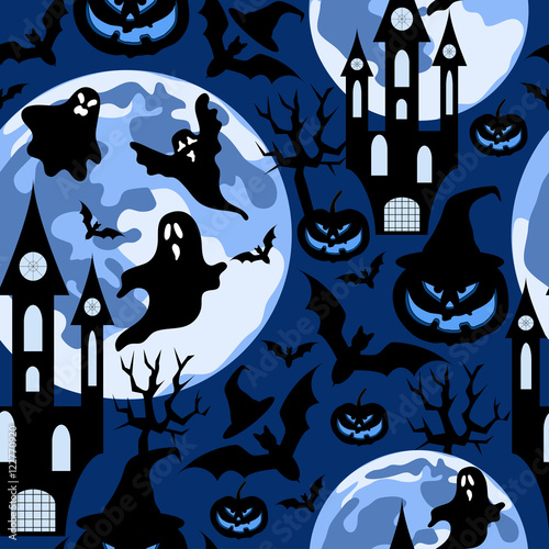 Halloween background with ghost,dark castle and moon.Seamless vector pattern.Halloween holiday