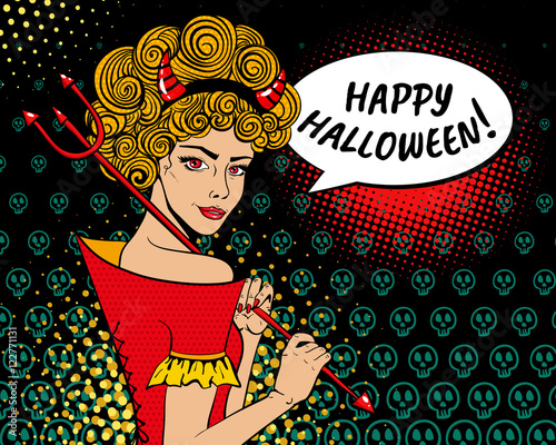 Happy Halloween! Sexy surprised devil woman ginger curly hair, red horns, trident and speech bubble. Vector background in pop art retro comic style. Halloween party invitation poster.