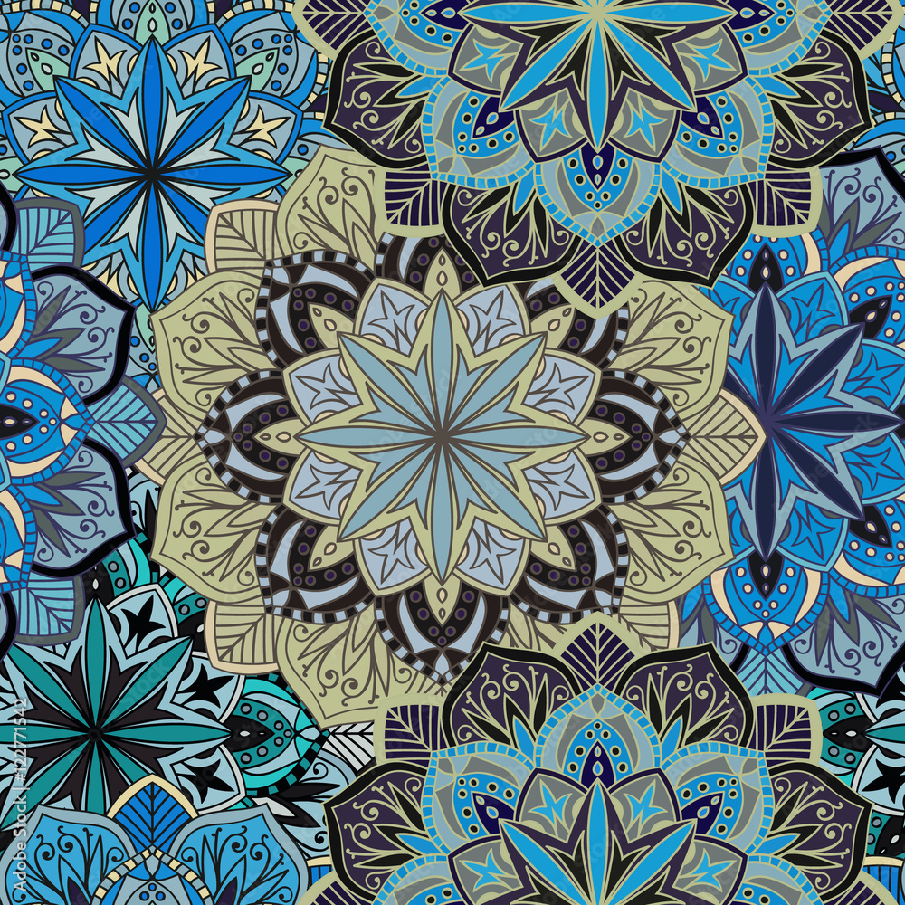 Seamless round ornament pattern for printing on fabric or paper. Hand drawn background. Elements for your design.
Seamless round ornament pattern for printing on fabric or paper. Hand drawn background. Elements for your design.
