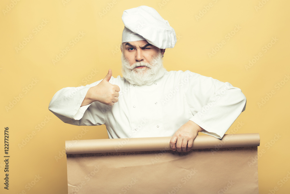 Chef man with empty paper Chef man with empty paper