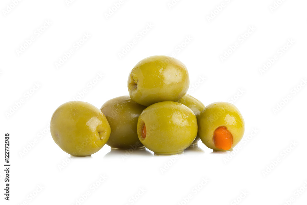 Green olives stuffed with red paprika isolated on white Green olives stuffed with red paprika isolated on white