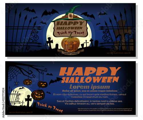 Happy Halloween design. Full moon over the cemetery. Pumpkin with hat. Vector flyer template