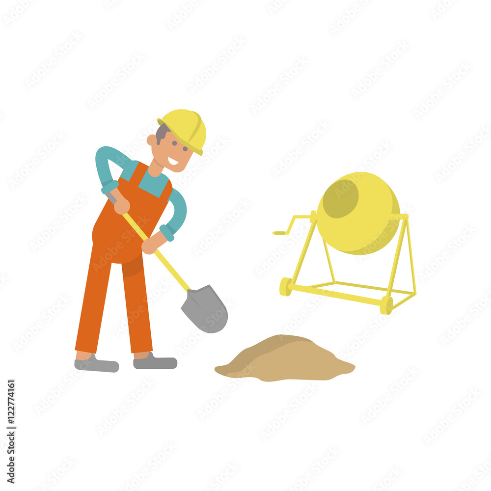 Character construction worker, laborer with spade. Isolated on white background. Vector illustration eps10 Character construction worker, laborer with spade. Isolated on white background. Vector illustration eps10