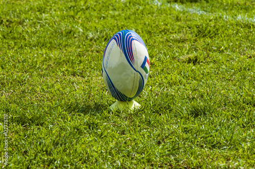 Rugby ball at green grass. Photo taken at rugby match