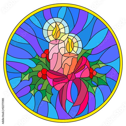 Illustration in stained glass style with candles and Holly branches  on a blue background, round picture frame