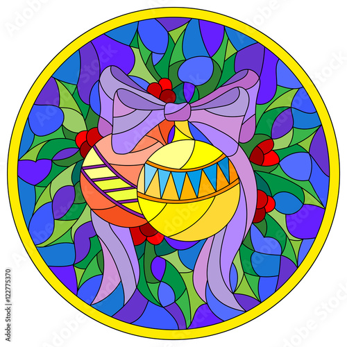 Illustration in stained glass style with Christmas toy and Holly branches  on a blue background, round picture frame