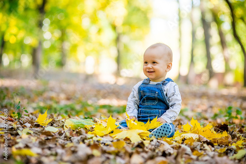 toddler sitting in the park in autumn leaves