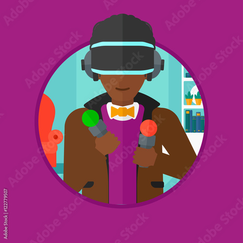 Man in virtual reality headset playing video game.