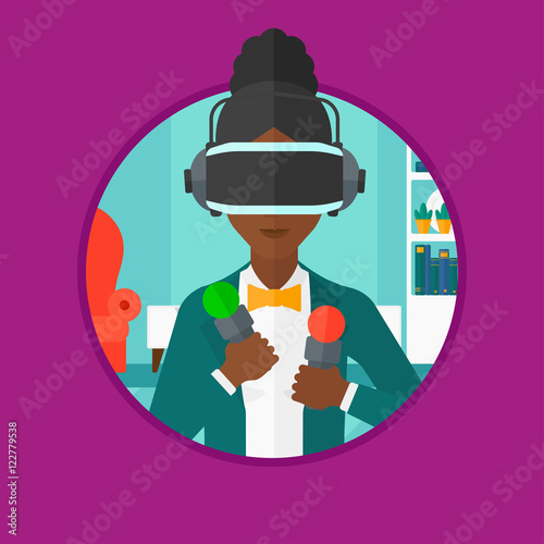 Woman wearing virtual reality headset.