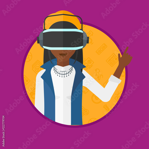 Woman wearing virtual reality headset.