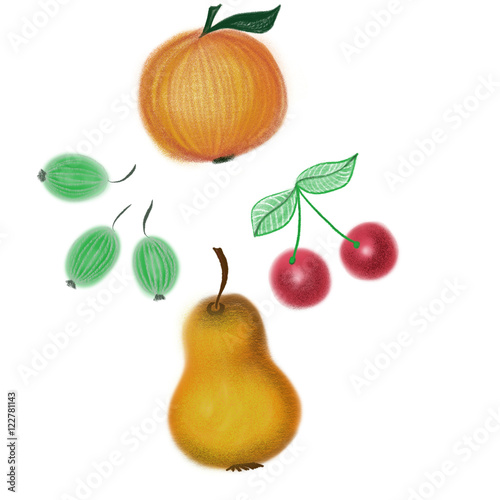 Fototapeta Naklejka Na Ścianę i Meble -  Colorful fruits drawn by pencil, watercolor and acrylic paint