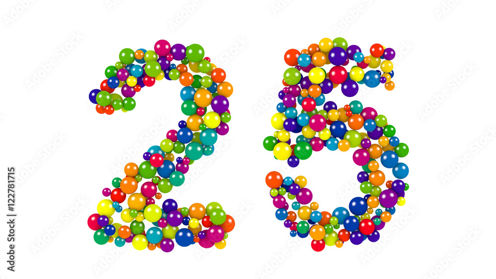 Colored balls in the shape of number twenty five