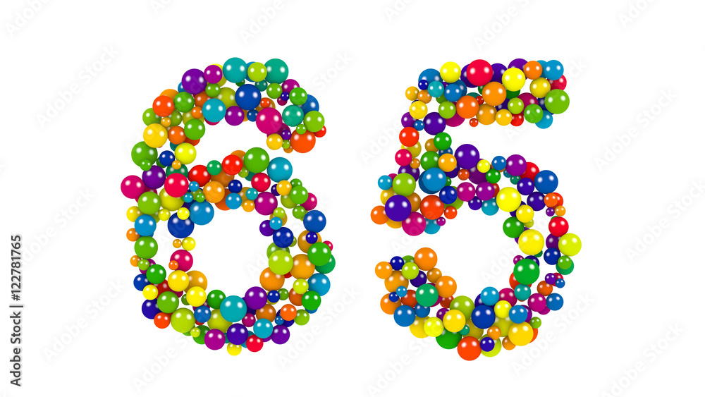 Number 65 as colorful balls over white