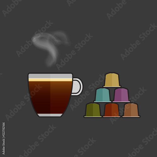 Flat vector coffee cup and capsules. Multicolored coffee pods for coffee machine. Espresso cup, pods. Trendy colorful capsules with different flavours, hot espresso.