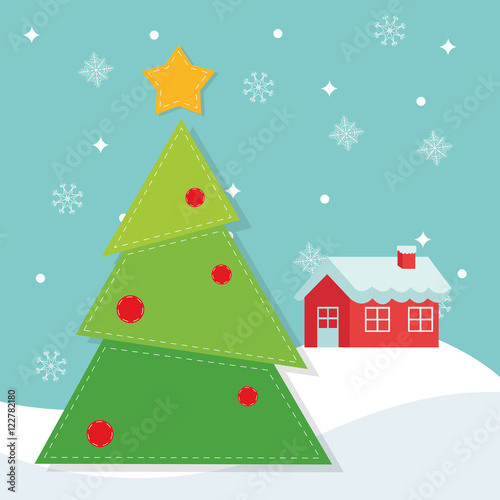 Pine tree and house icon. Merry Christmas season celebration and decoration theme. Colorful design. Vector illustration