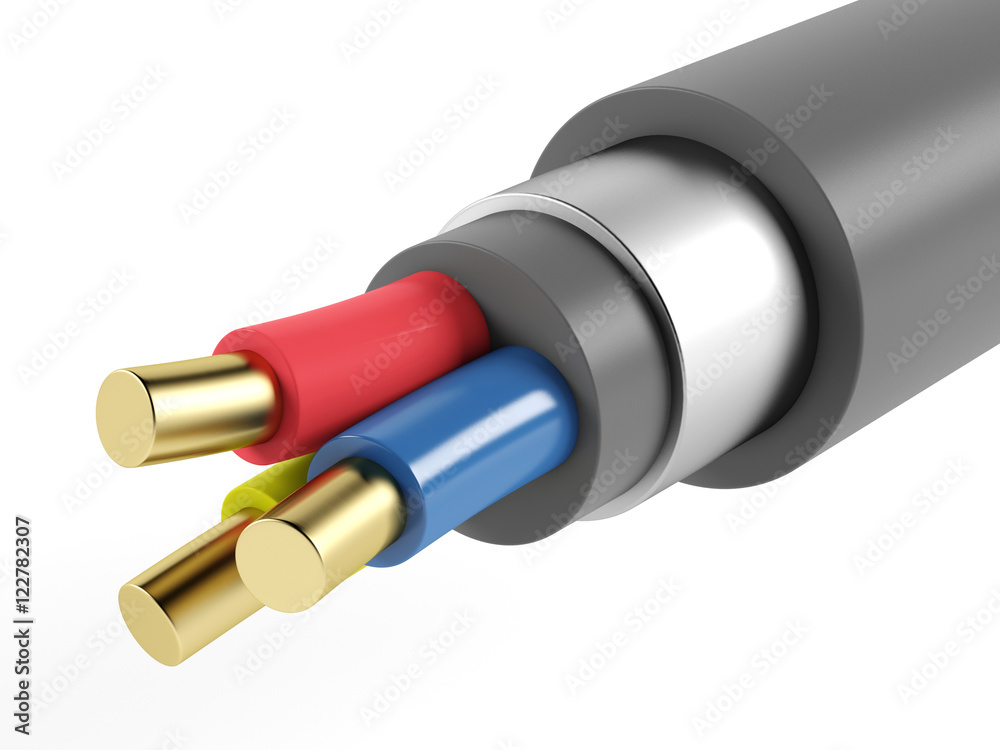 Fototapeta premium Electric copper armored cable on a white background. 3D rendering