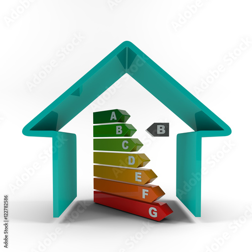 Foto Blue house outline with energy efficiency rating.