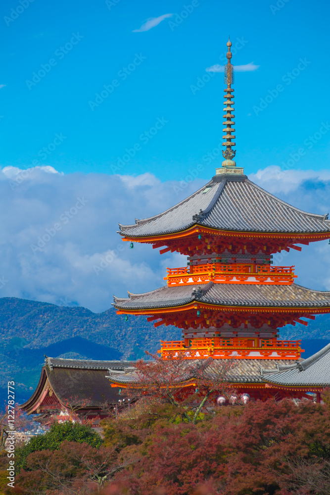 Red pagoda at Taisan-ji Temple near Kiyomizu-dera Temple in Kyoto, Symbol of Japanese culture.