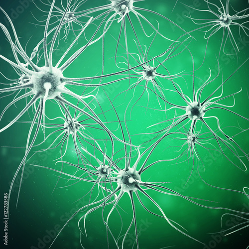 Neurons transmission signals in the head on green background. Synapse, 3d rendering