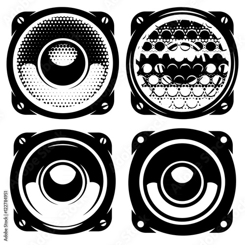 set of templates for posters or badges with monochrome acoustic speakers