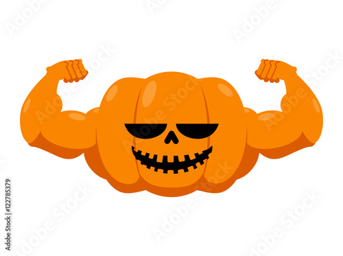 Pumpkin with muscles. Fitness Halloween. Vegetable with large ha