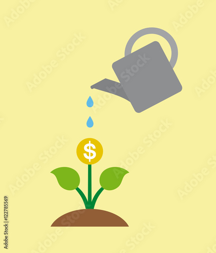 Watering money tridimensional business concept on yellow background