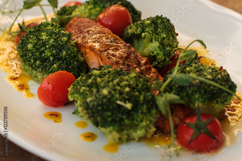 Grilled fish fillet with BBQ vegetables and sauce