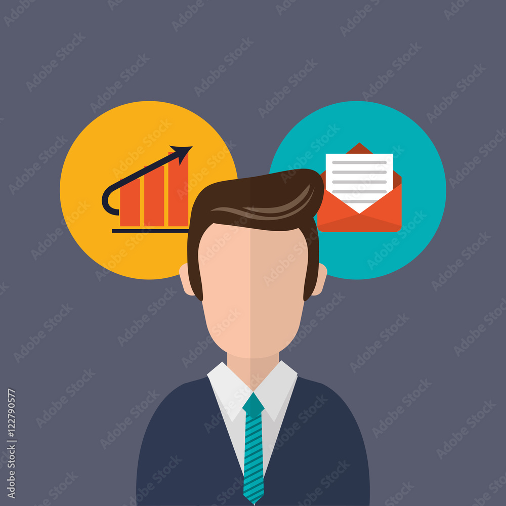 flat design businessman graph chart and message envelope with business related icons image vector illustration flat design businessman graph chart and message envelope with business related icons image vector illustration