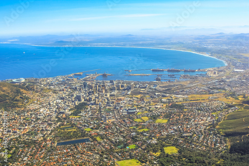The Cape Town City Bowl as seen from Table Mountain National Park in South Africa, Western Cape. Aerial view of the Cape Town Harbour and the Waterfront. photo