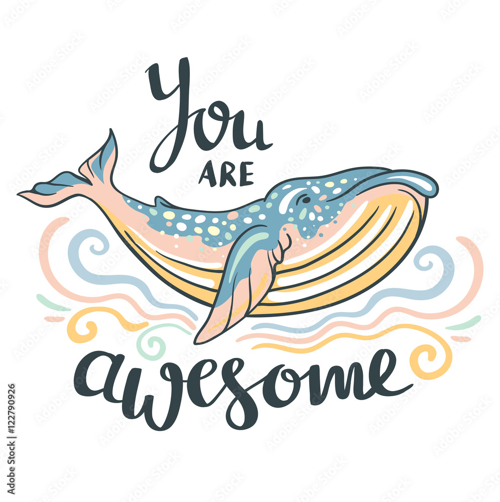 Obraz premium Cute whale. Awesome whale on marine background with waves in vector. Lovely childish print in stylish colors with phrase 