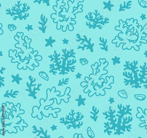 Fototapeta Naklejka Na Ścianę i Meble -  Bright underwater seamless pattern with beautiful corals.  Vector blue backdrop. Use for wallpaper,pattern fills, web page background, сhildren's fabrics.