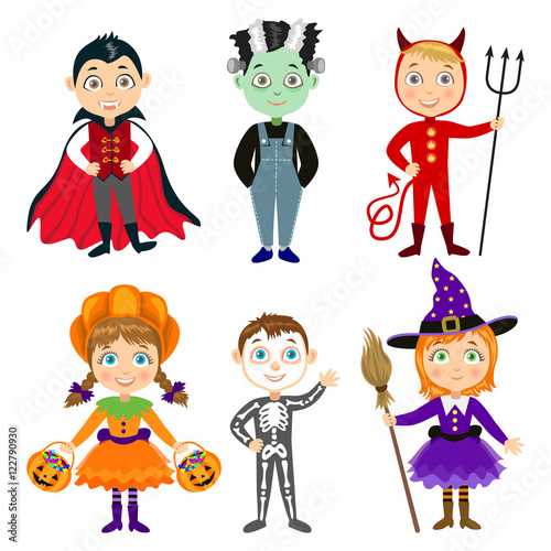 Set of Children in halloween costumes. Dracula, devil, witch
