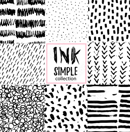 Vector set of hand-drawn stylish seamless patterns with ink strokes and textures.