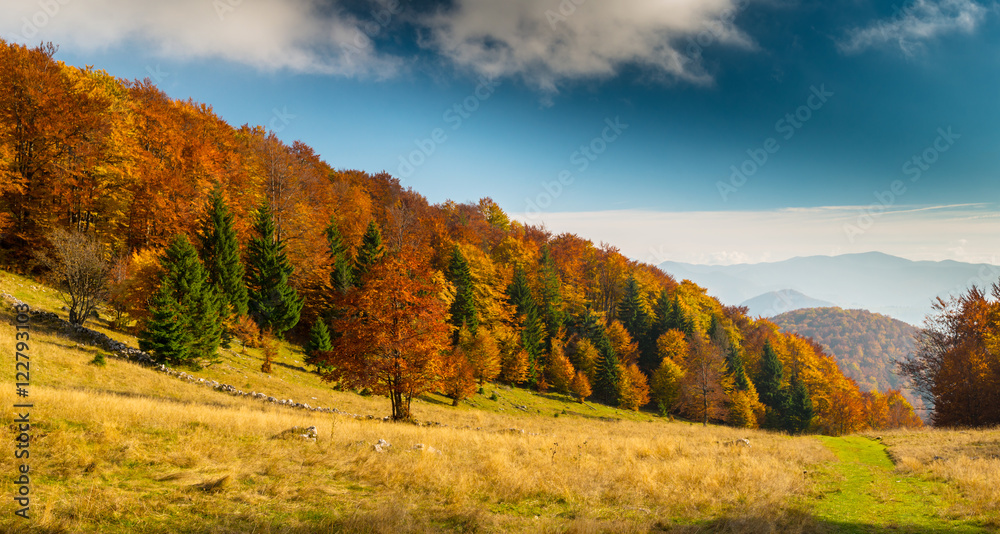 October autumn scenery in remote mountain area in Transylvania