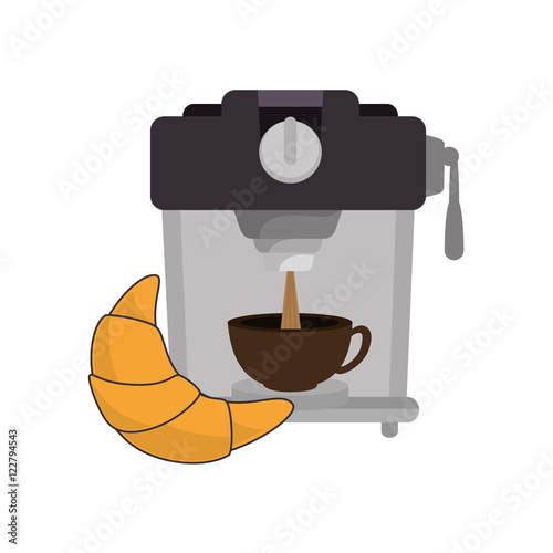coffee maker machine with caffeine beverage and croissant. vector illustration