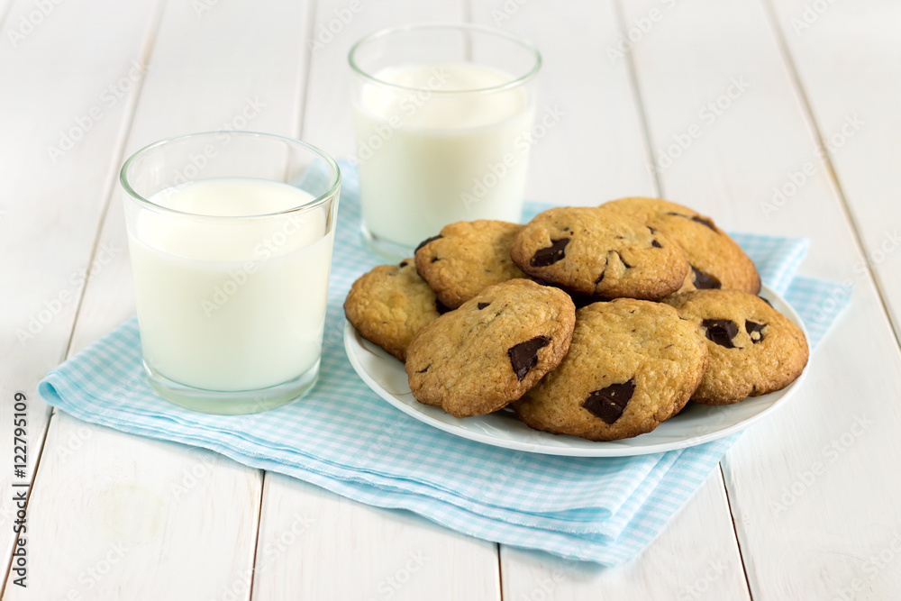 Homemade cookies with chocolate pieces and milk on the table. Homemade cookies with chocolate pieces and milk on the table.