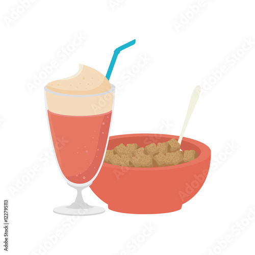 cereal bowl with strawberry milkshake cup. vector illustration