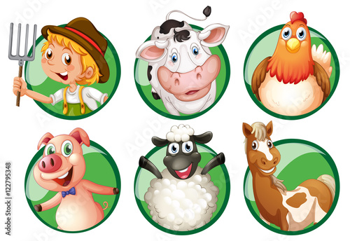 Farmer and farmanimals on round badges photo