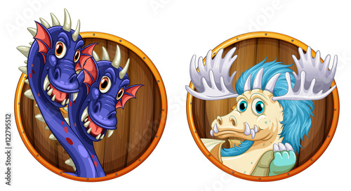 Dragons on wooden round badges