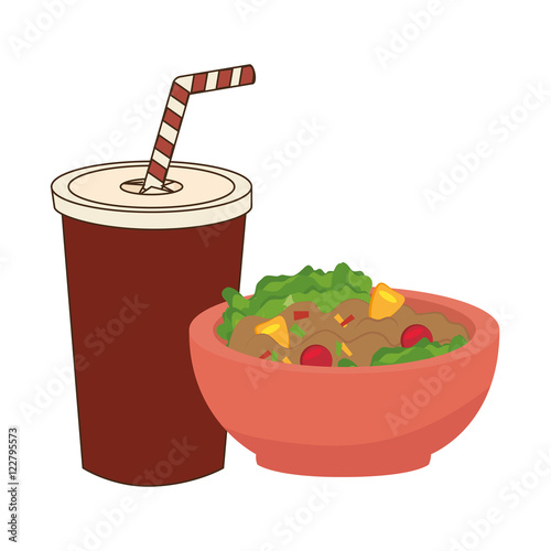 soda drink and bowl with healthy food. vector illustration