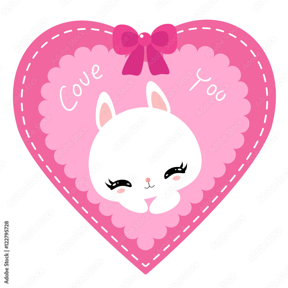 Cute little bunny with pink heart. I love you. Happy Valentine's Day. Greeting card.